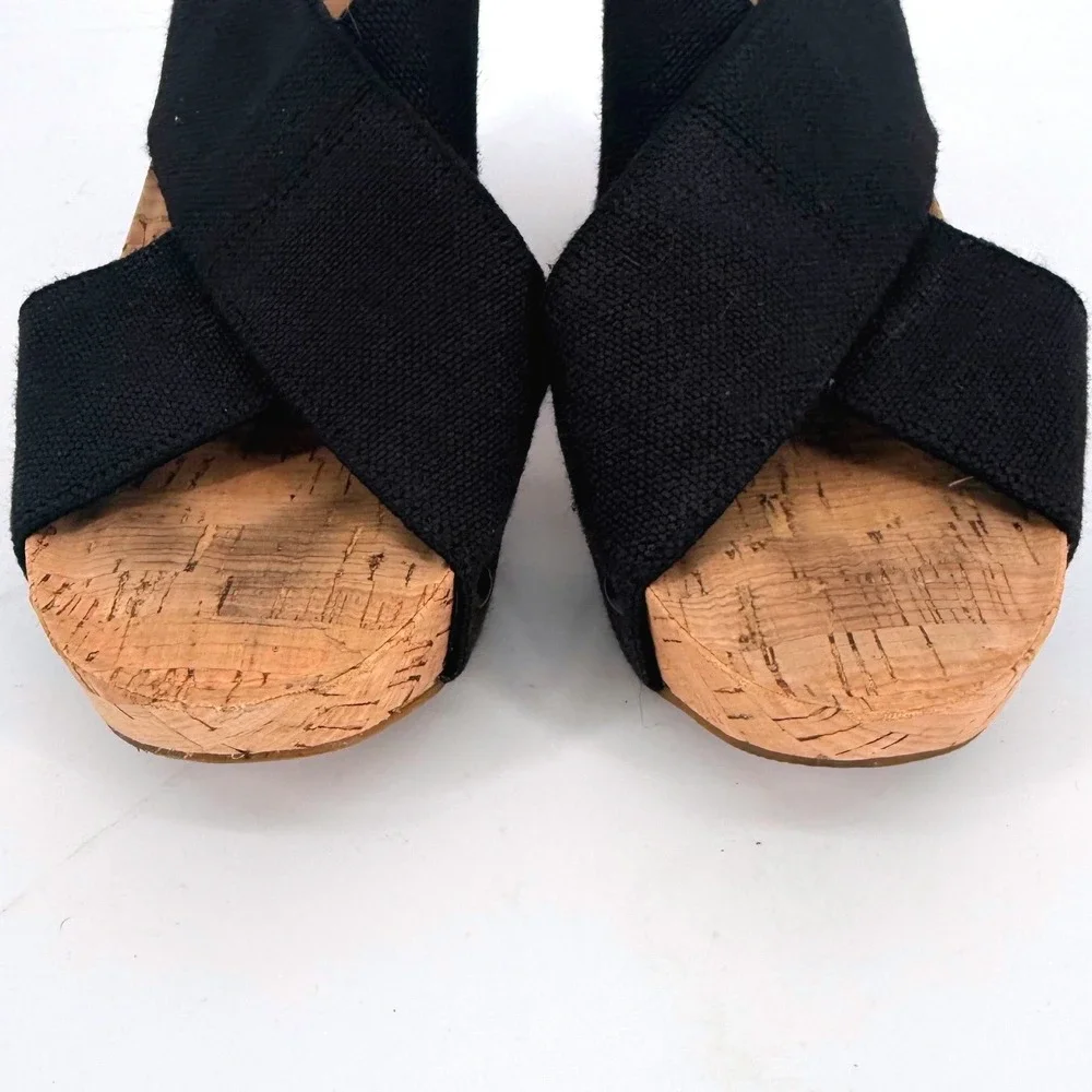 Lucky Brand Miller Black Canvas Cork Wedge‎ Sandals Platform Slides 6.5M